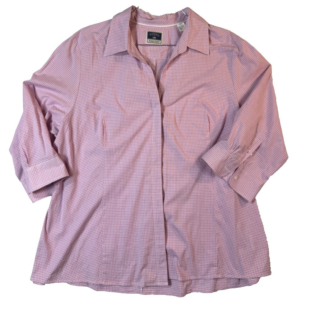 Riders By Lee Shirt Womens 1XL Pink Check 3/4 Sleeve Button Front Stretch